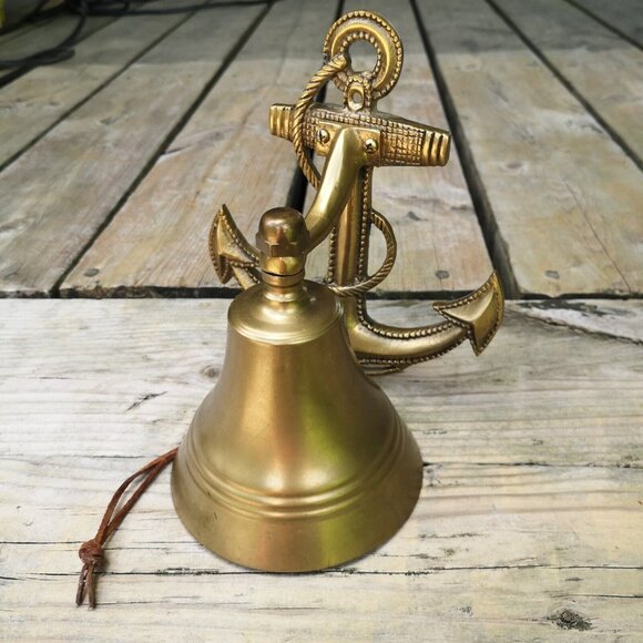 Vintage Brass Ship Boat Bell Anchor Nautical Wall Mount Door Bell Large 7'' - Picture 1 of 8